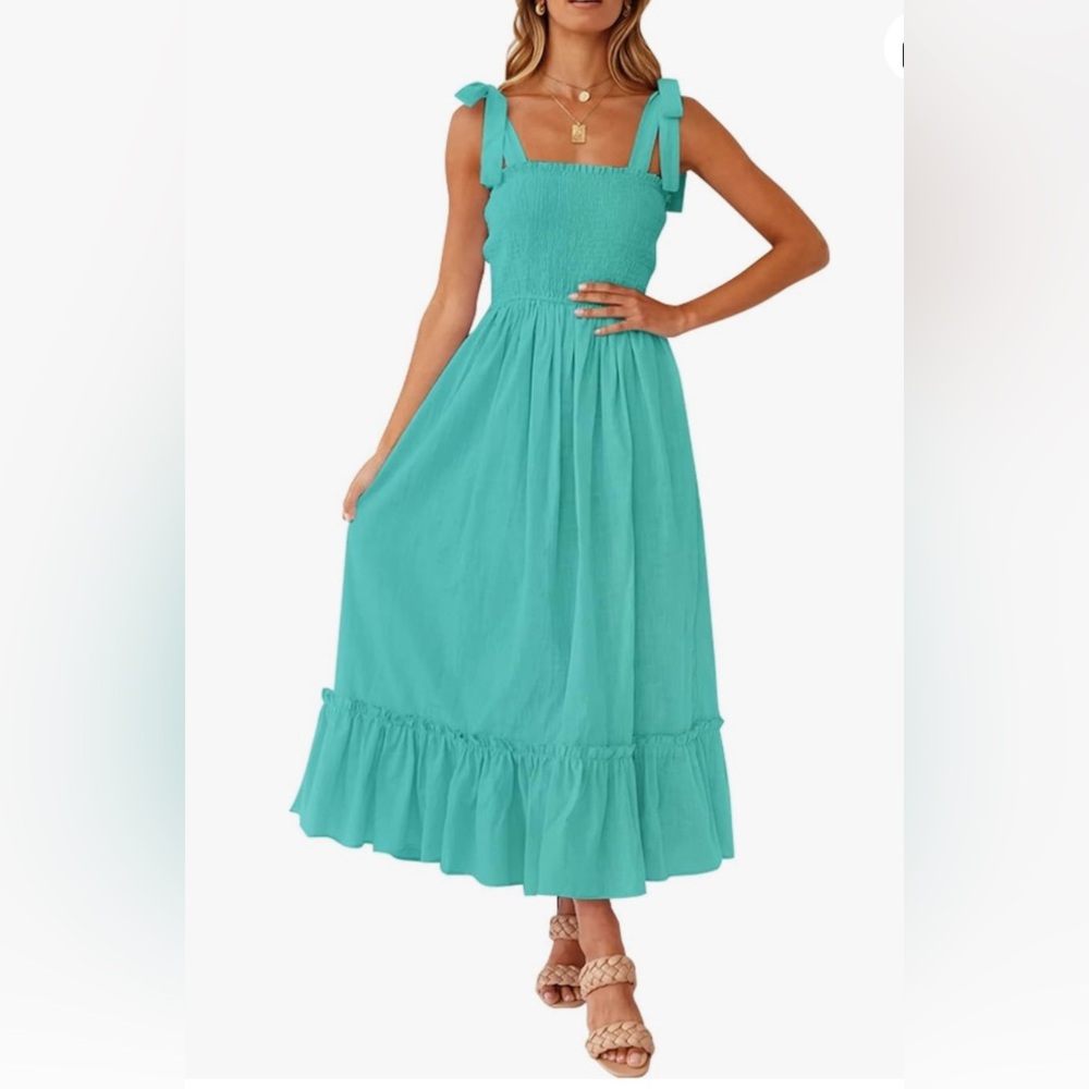 ZESICA Boho Spaghetti Strap Square Neck Solid Color Ruffle A Line Maxi D…